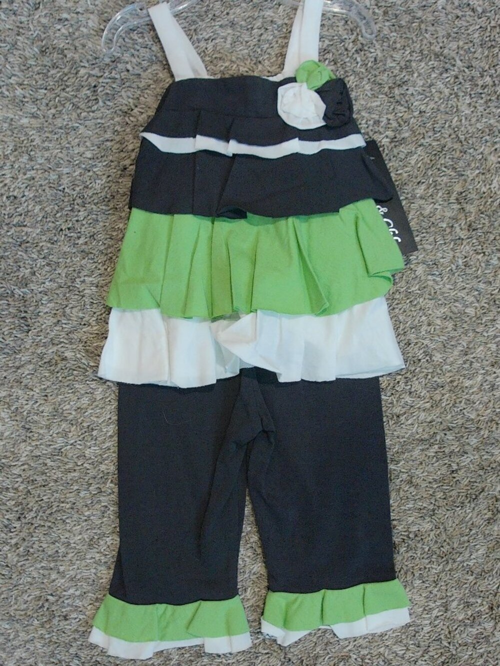 Isobella And Chloe Tiered Ruffle Tank Romper in Black, Lime & White